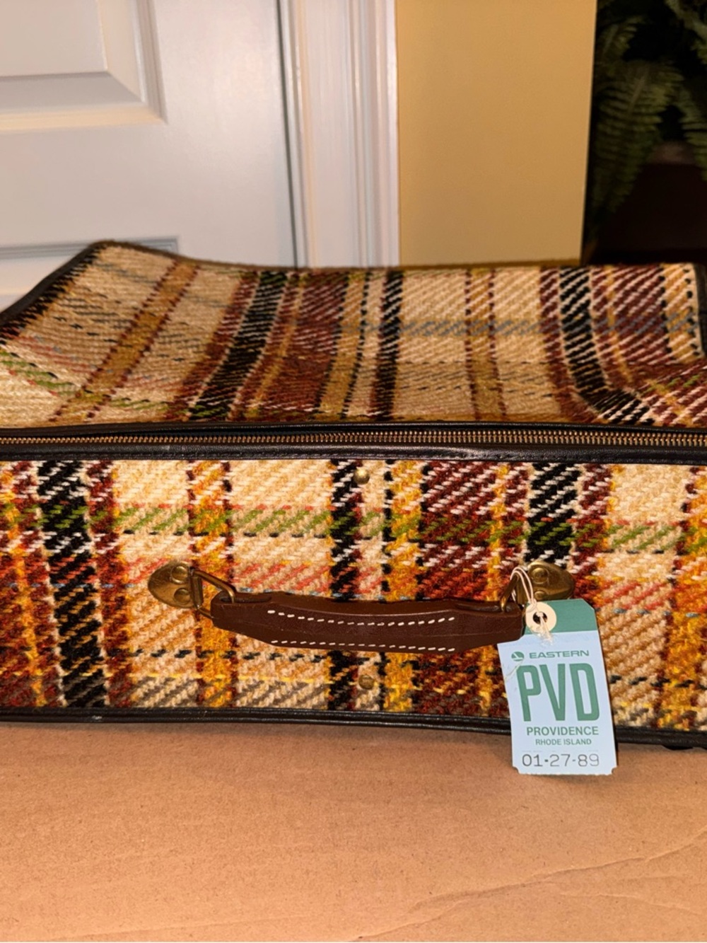 Plaid Tweed Carry Case with Leather Handle - Yellow/Brown/Green